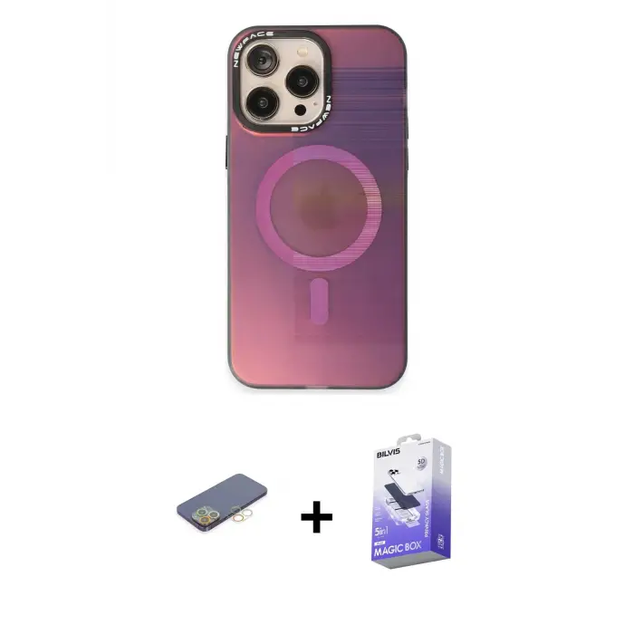 ieg™ iPhone 13 Pro Max Kılıf Siluet Modern Koleksiyonu - Siyah Bilvis 5in1 5D Magic Hayalet Cam Ekran Koruyucu + Renkli Kamera Lens Koruma Cam - SI