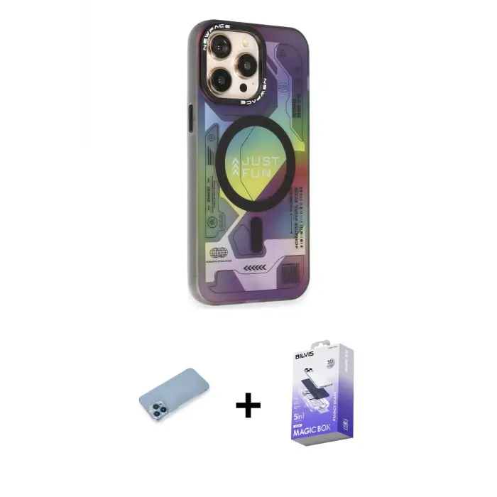 ieg™ iPhone 13 Pro Max Kılıf Siluet Modern Koleksiyonu - Siyah Bilvis 5in1 5D Magic Hayalet Cam Ekran Koruyucu + Shine Kamera Lens Koruma Cam - MI
