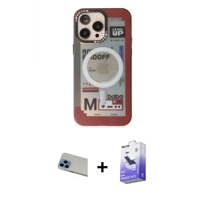 ieg™ iPhone 13 Pro Max Kılıf Siluet Modern Koleksiyonu - Siyah Bilvis 5in1 5D Magic Hayalet Cam Ekran Koruyucu + Rainbow Kamera Lens Koruma Cam - MI