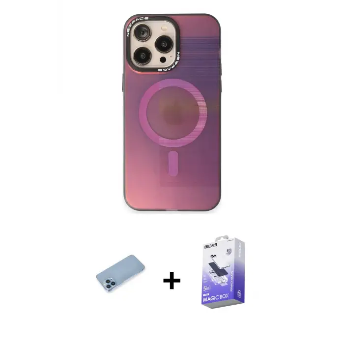 ieg™ iPhone 13 Pro Max Kılıf Siluet Modern Koleksiyonu - Siyah Bilvis 5in1 5D Magic Hayalet Cam Ekran Koruyucu + Shine Kamera Lens Koruma Cam - MI