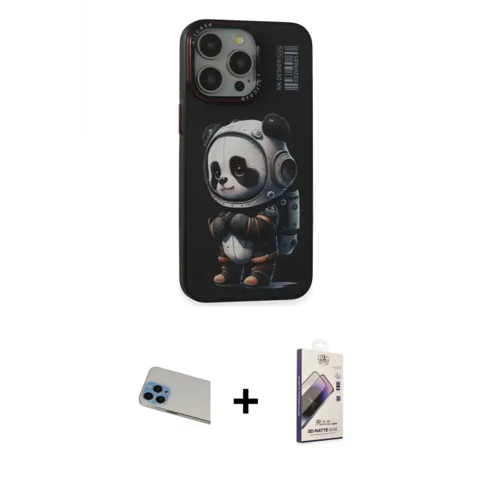 ieg™ iPhone 13 Pro Max Kılıf Siluet Modern Özel Seri - Siyah Bilvis 3D Mat Cam Ekran Koruyucu + Rainbow Kamera Lens Koruma Cam - MI