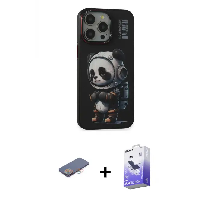 ieg™ iPhone 13 Pro Max Kılıf Siluet Modern Özel Seri - Siyah Bilvis 5in1 5D Magic Hayalet Cam Ekran Koruyucu + Renkli Kamera Lens Koruma Cam - PE