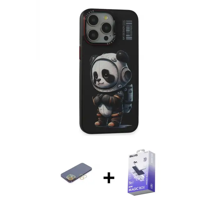 ieg™ iPhone 13 Pro Max Kılıf Siluet Modern Özel Seri - Siyah Bilvis 5in1 5D Magic Hayalet Cam Ekran Koruyucu + Renkli Kamera Lens Koruma Cam - SI
