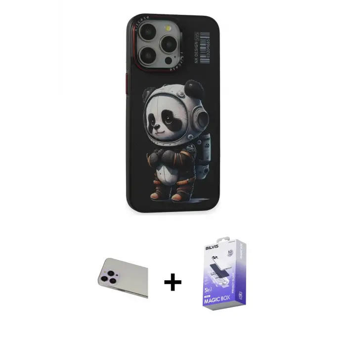 ieg™ iPhone 13 Pro Max Kılıf Siluet Modern Özel Seri - Siyah Bilvis 5in1 5D Magic Hayalet Cam Ekran Koruyucu + Rainbow Kamera Lens Koruma Cam - MR