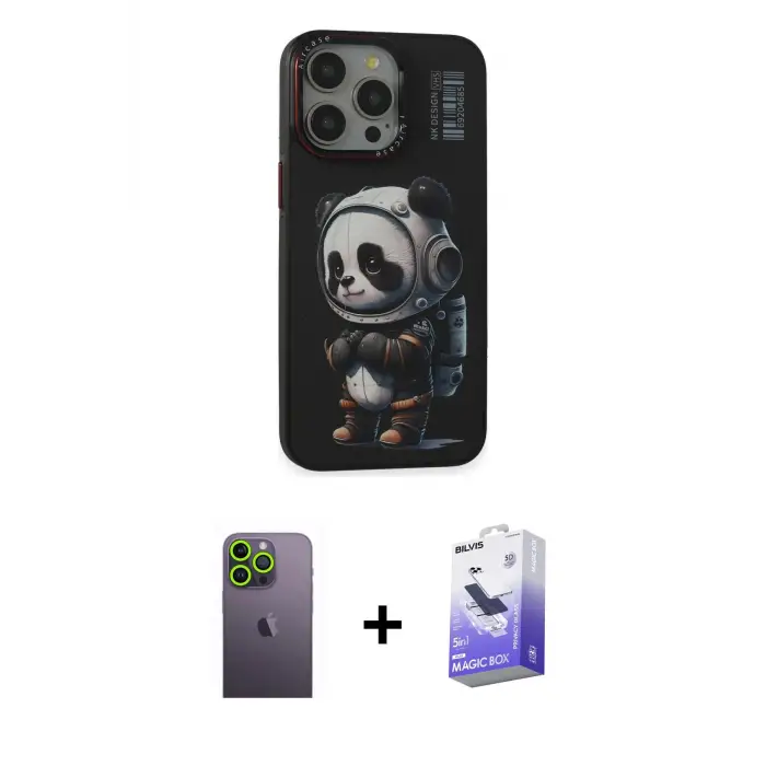 ieg™ iPhone 13 Pro Max Kılıf Siluet Modern Özel Seri - Siyah Bilvis 5in1 5D Magic Hayalet Cam Ekran Koruyucu + Neon Fosforlu Kamera Lens - YL
