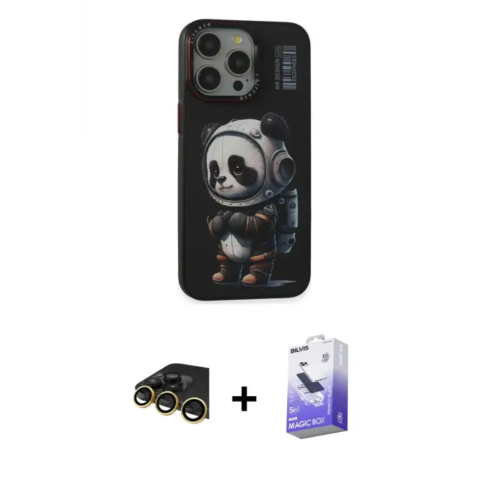 ieg™ iPhone 13 Pro Max Kılıf Siluet Modern Özel Seri - Siyah Bilvis 5in1 5D Magic Hayalet Cam Ekran Koruyucu + Raze Metal Kamera Lens - GD