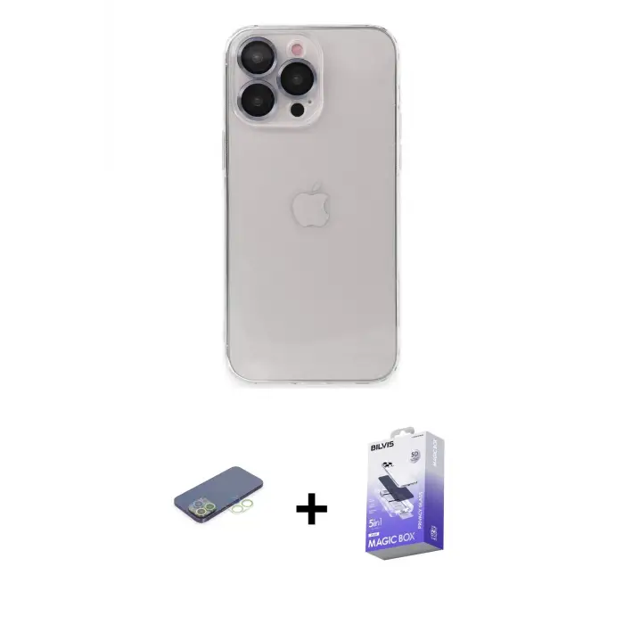 ieg™ iPhone 13 Pro Max Kılıf Ufuk Minimal Özel Seri - Siyah Bilvis 5in1 5D Magic Hayalet Cam Ekran Koruyucu + Renkli Kamera Lens Koruma Cam - YL
