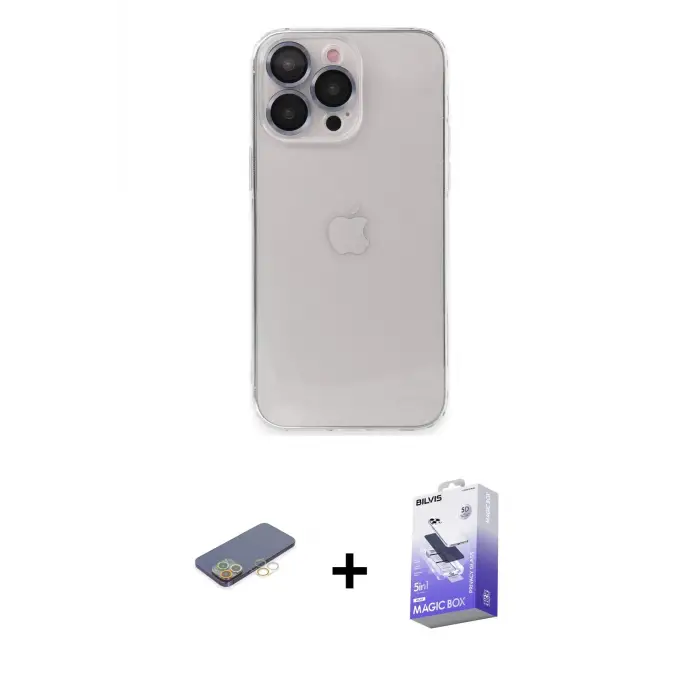 ieg™ iPhone 13 Pro Max Kılıf Ufuk Minimal Özel Seri - Siyah Bilvis 5in1 5D Magic Hayalet Cam Ekran Koruyucu + Renkli Kamera Lens Koruma Cam - SI
