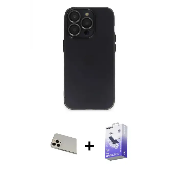 ieg™ iPhone 13 Pro Max Kılıf Ufuk Minimal Özel Seri - Siyah Bilvis 5in1 5D Magic Hayalet Cam Ekran Koruyucu + Rainbow Kamera Lens Koruma Cam - REGD