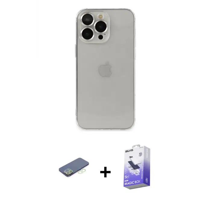 ieg™ iPhone 13 Pro Max Kılıf Ufuk Minimal Özel Seri - Siyah Bilvis 5in1 5D Magic Hayalet Cam Ekran Koruyucu + Renkli Kamera Lens Koruma Cam - YL