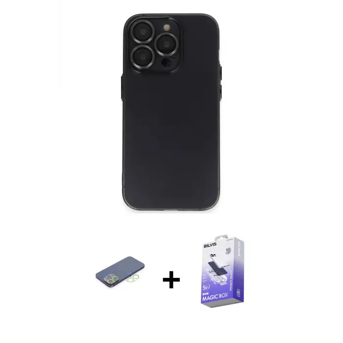 ieg™ iPhone 13 Pro Max Kılıf Ufuk Minimal Özel Seri - Siyah Bilvis 5in1 5D Magic Hayalet Cam Ekran Koruyucu + Renkli Kamera Lens Koruma Cam - YL