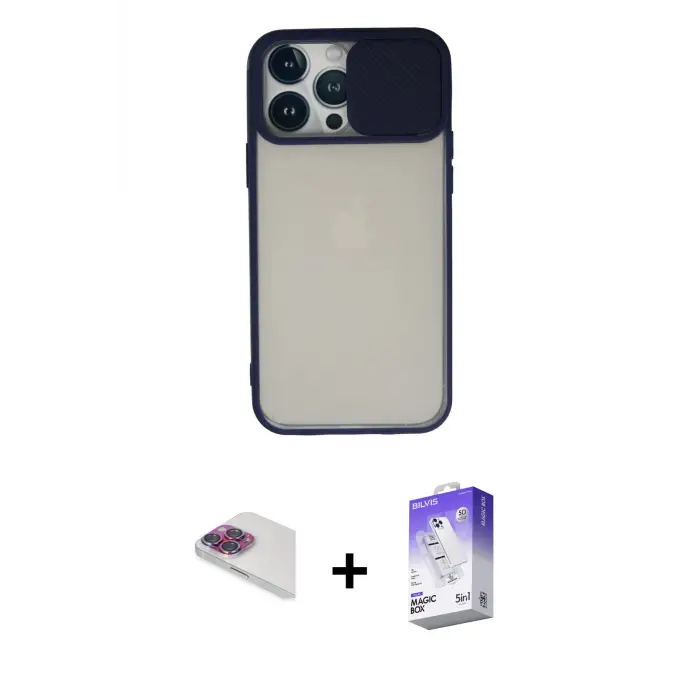 ieg™ iPhone 13 Pro Max Kılıf Vadi Çizgi - Siyah Bilvis 5in1 3D Magic Cam Ekran Koruyucu + Pers Alüminyum Kamera Lens - GI