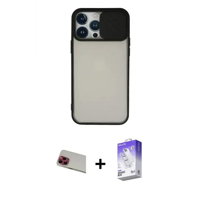 ieg™ iPhone 13 Pro Max Kılıf Vadi Çizgi - Siyah Bilvis 5in1 3D Magic Cam Ekran Koruyucu + Rainbow Kamera Lens Koruma Cam - KI