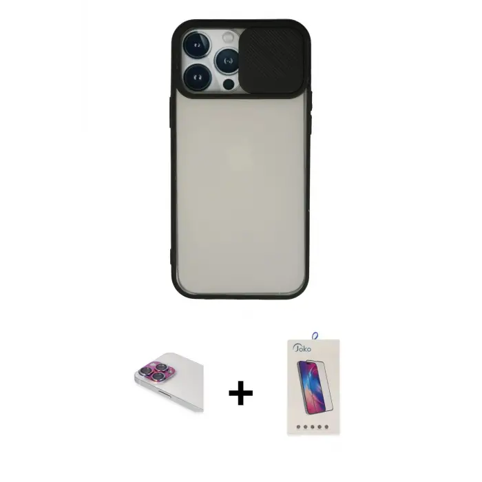 ieg™ iPhone 13 Pro Max Kılıf Vadi Çizgi - Siyah Joko 5D Cam + Pers Alüminyum Kamera Lens - GI