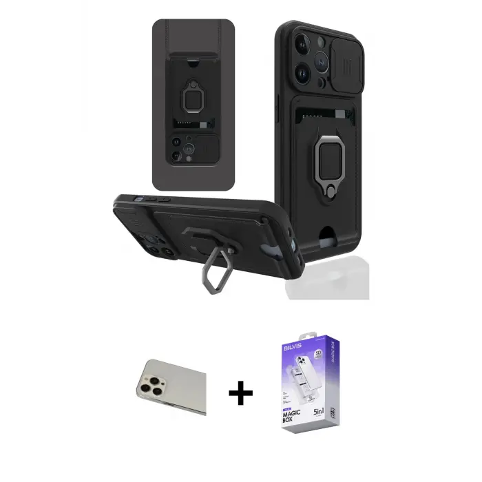 ieg™ iPhone 13 Pro Max Kılıf Vadi Form Prime - Siyah Bilvis 5in1 3D Magic Cam Ekran Koruyucu + Rainbow Kamera Lens Koruma Cam - REGD
