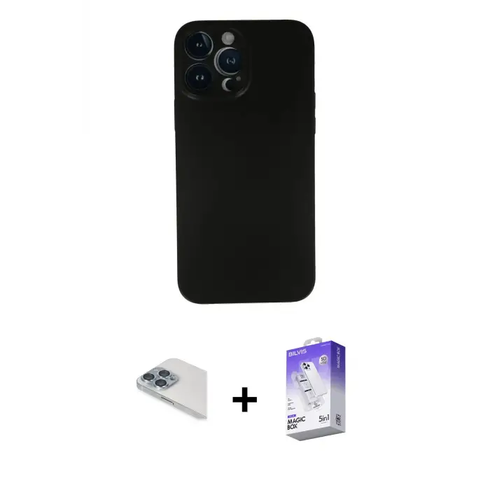 ieg™ iPhone 13 Pro Max Kılıf Yadigar Yansıma Serisi - Siyah Bilvis 5in1 3D Magic Cam Ekran Koruyucu + Pers Alüminyum Kamera Lens - SABE