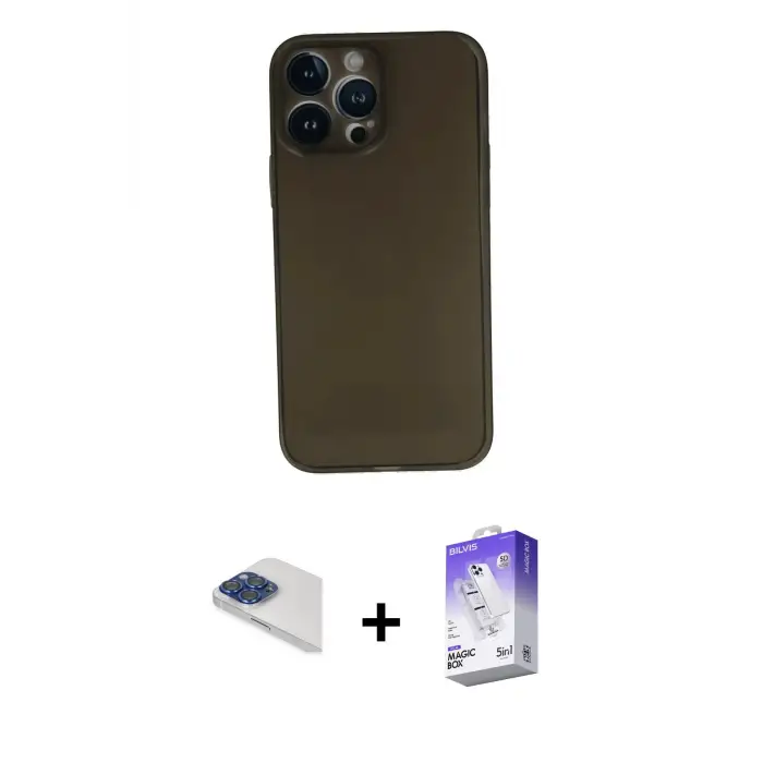 ieg™ iPhone 13 Pro Max Kılıf Yadigar Yansıma Serisi - Siyah Bilvis 5in1 3D Magic Cam Ekran Koruyucu + Pers Alüminyum Kamera Lens - LT