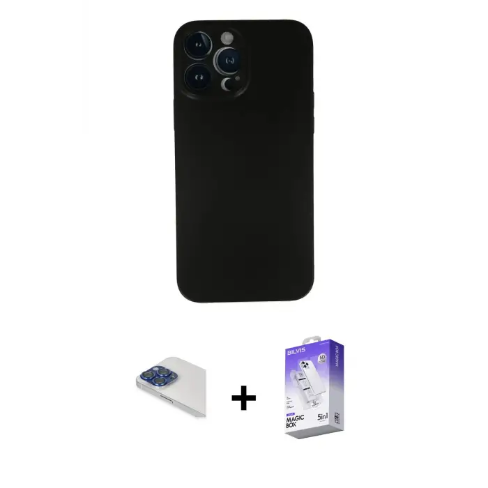ieg™ iPhone 13 Pro Max Kılıf Yadigar Yansıma Serisi - Siyah Bilvis 5in1 3D Magic Cam Ekran Koruyucu + Pers Alüminyum Kamera Lens - LT