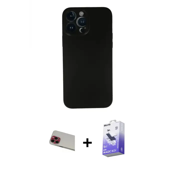 ieg™ iPhone 13 Pro Max Kılıf Yadigar Yansıma Serisi - Siyah Bilvis 5in1 5D Magic Hayalet Cam Ekran Koruyucu + Rainbow Kamera Lens Koruma Cam - KI