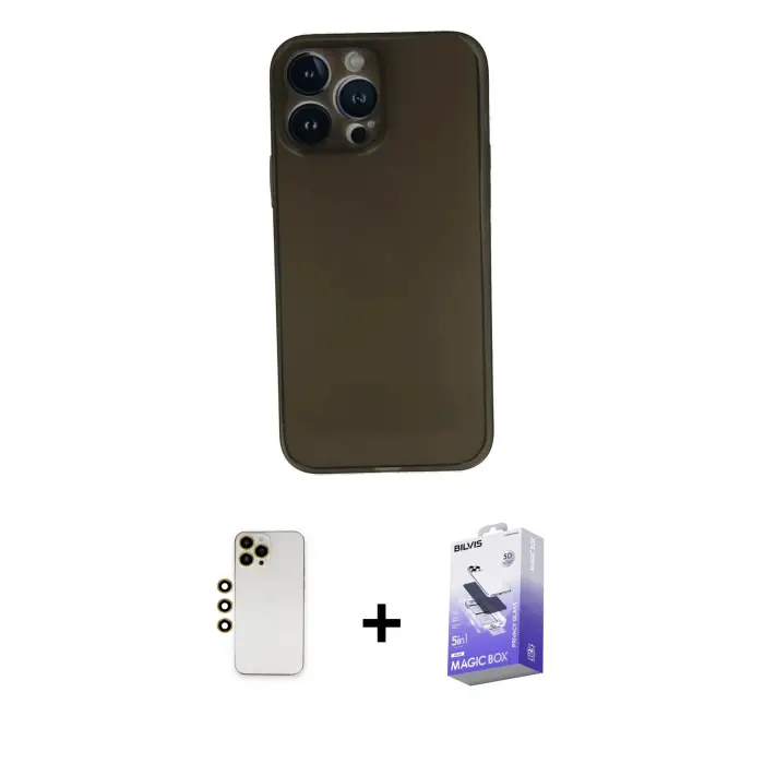 ieg™ iPhone 13 Pro Max Kılıf Yadigar Yansıma Serisi - Siyah Bilvis 5in1 5D Magic Hayalet Cam Ekran Koruyucu + Shine Kamera Lens - GD