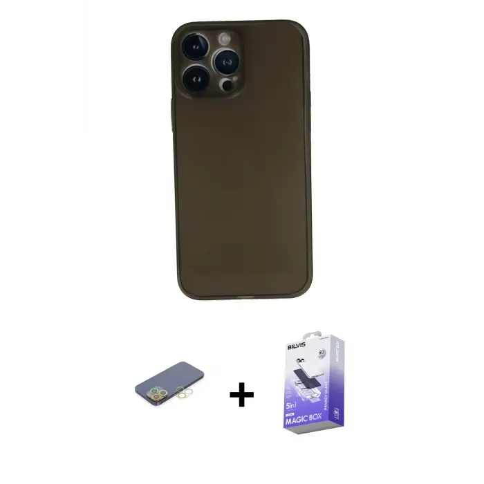 ieg™ iPhone 13 Pro Max Kılıf Yadigar Yansıma Serisi - Siyah Bilvis 5in1 5D Magic Hayalet Cam Ekran Koruyucu + Renkli Kamera Lens Koruma Cam - SI