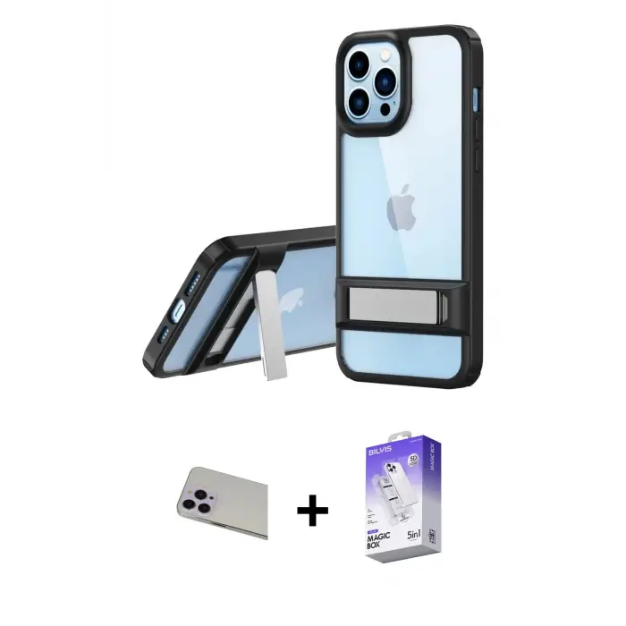 ieg™ iPhone 13 Pro Max Kılıf Yadigar Yansıma - Siyah Bilvis 5in1 3D Magic Cam Ekran Koruyucu + Rainbow Kamera Lens Koruma Cam - MR