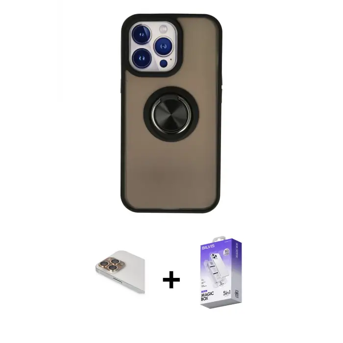 ieg™ iPhone 13 Pro Max Kılıf Yörünge Çizgi - Siyah Bilvis 5in1 3D Magic Cam Ekran Koruyucu + Pers Alüminyum Kamera Lens - GD