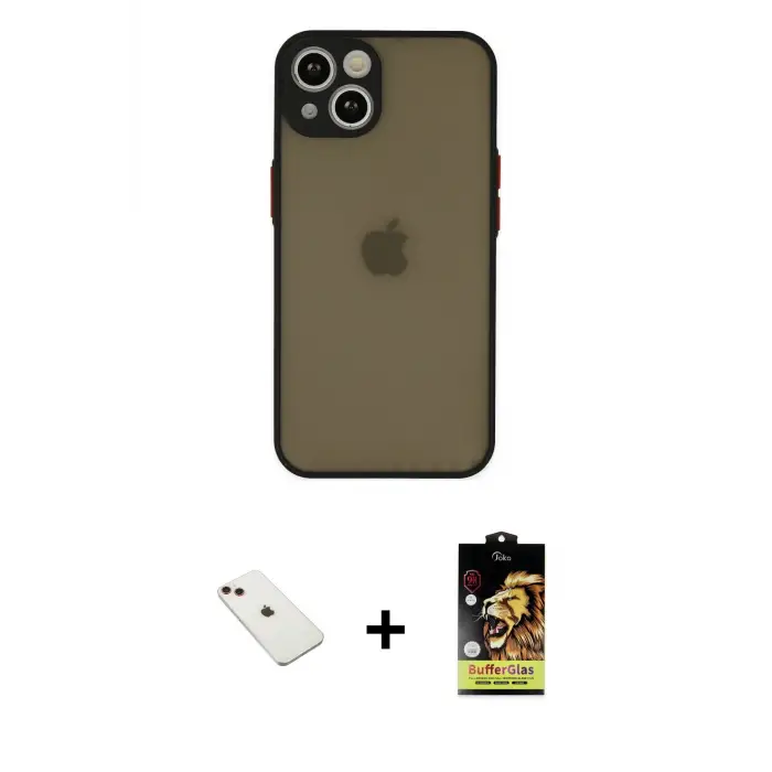 ieg™ iPhone 14 Kılıf Ahenk Çizgi Serisi - Siyah Buffer Cam Ekran Koruyucu + Diamond Kamera Lens - KI