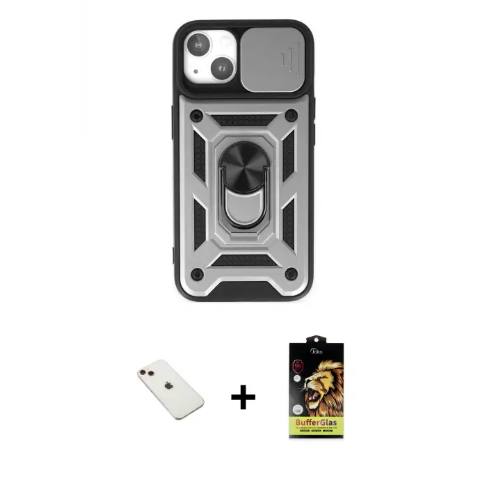 ieg™ iPhone 14 Kılıf Ahenk Klasik - Siyah Buffer Cam Ekran Koruyucu + Diamond Kamera Lens - KI
