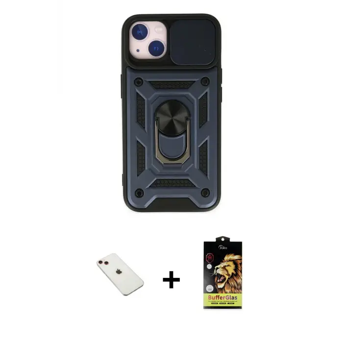 ieg™ iPhone 14 Kılıf Ahenk Klasik - Siyah Buffer Cam Ekran Koruyucu + Diamond Kamera Lens - KI