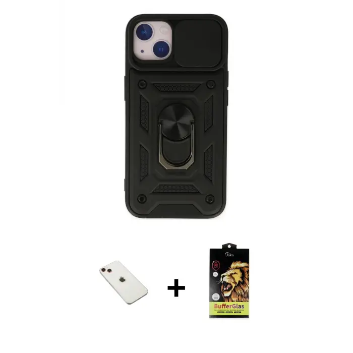 ieg™ iPhone 14 Kılıf Ahenk Klasik - Siyah Buffer Cam Ekran Koruyucu + Diamond Kamera Lens - KI