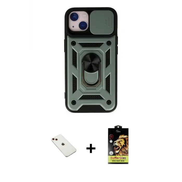 ieg™ iPhone 14 Kılıf Ahenk Klasik - Siyah Buffer Cam Ekran Koruyucu + Diamond Kamera Lens - KI