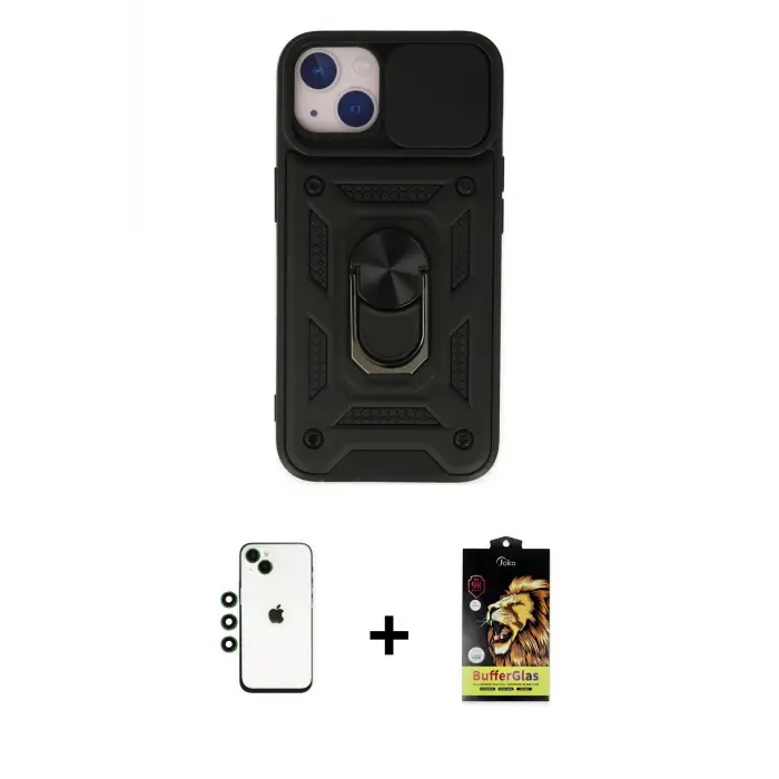ieg™ iPhone 14 Kılıf Ahenk Klasik - Siyah Buffer Cam Ekran Koruyucu + Shine Kamera Lens - YL