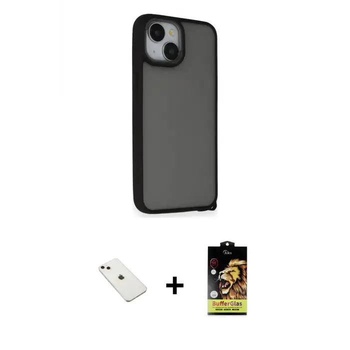 ieg™ iPhone 14 Kılıf Atlas Form - Siyah Buffer Cam Ekran Koruyucu + Diamond Kamera Lens - PE