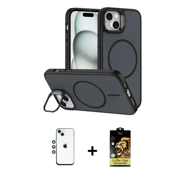 ieg™ iPhone 14 Kılıf Çekirdek Klasik - Siyah Buffer Cam Ekran Koruyucu + Shine Kamera Lens - MI