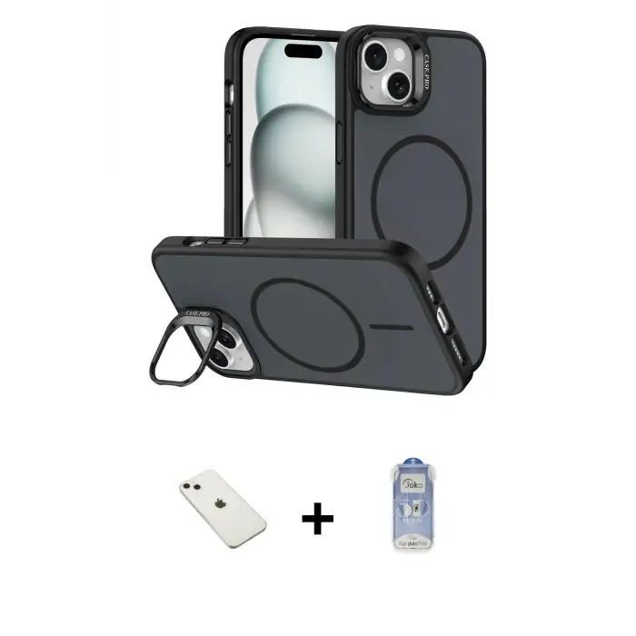 ieg™ iPhone 14 Kılıf Çekirdek Klasik - Siyah Joko Magic 5D Cam + Diamond Kamera Lens - PE