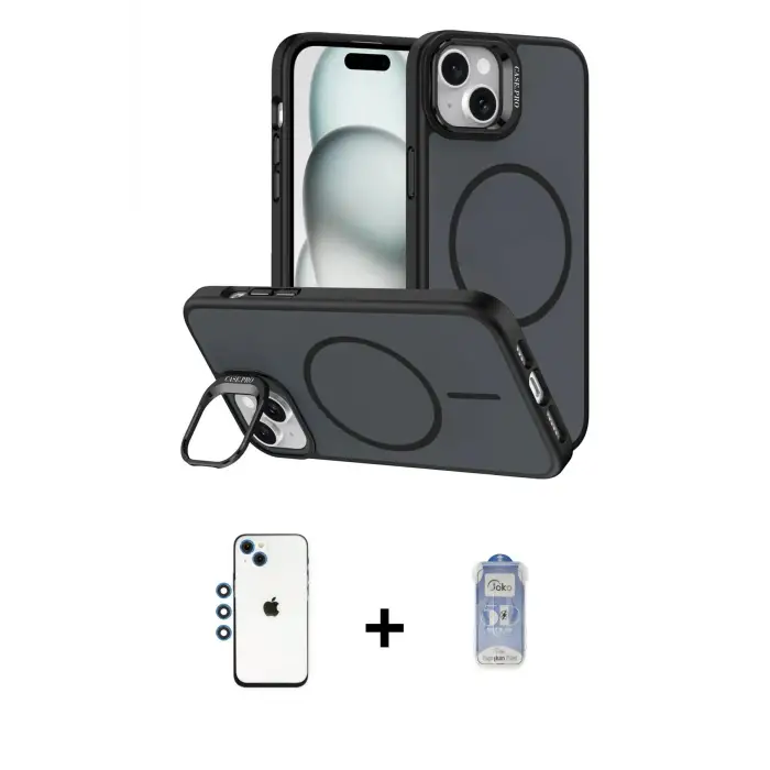 ieg™ iPhone 14 Kılıf Çekirdek Klasik - Siyah Joko Magic 5D Cam + Shine Kamera Lens - MI