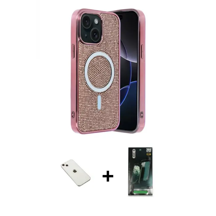 ieg™ iPhone 14 Kılıf Eksen Çizgi - Şeffaf 360 Full Body Arka Koruyucu + Diamond Kamera Lens - PE