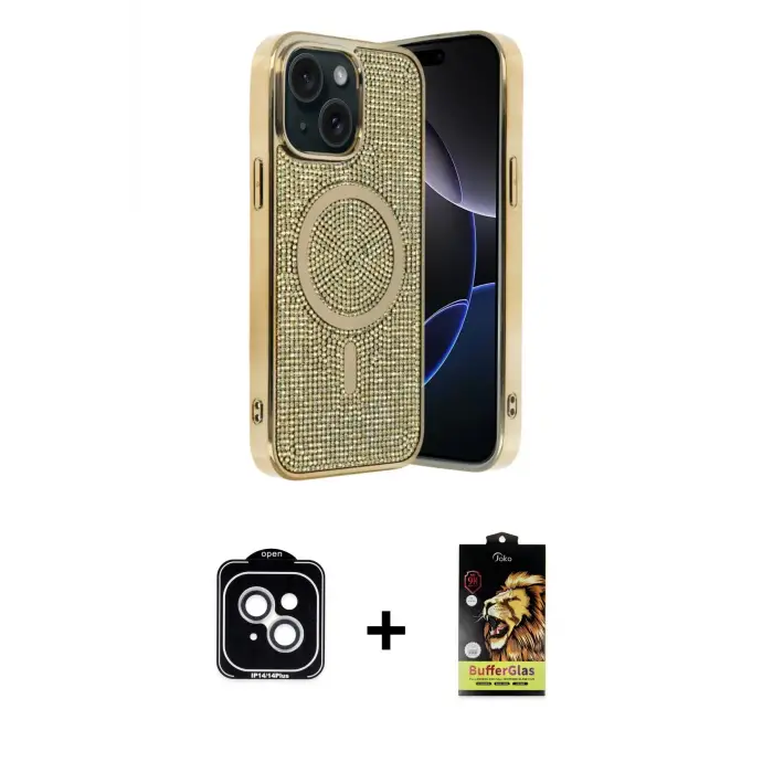 ieg™ iPhone 14 Kılıf Eksen Çizgi - Siyah Buffer Cam Ekran Koruyucu + PVD Metal Kamera Lens - GS