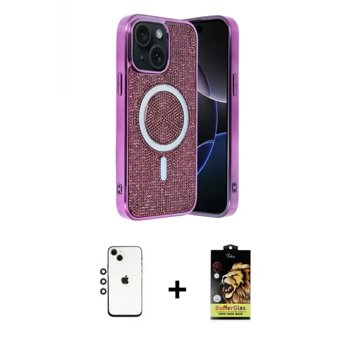 ieg™ iPhone 14 Kılıf Eksen Çizgi - Siyah Buffer Cam Ekran Koruyucu + Shine Kamera Lens - GI