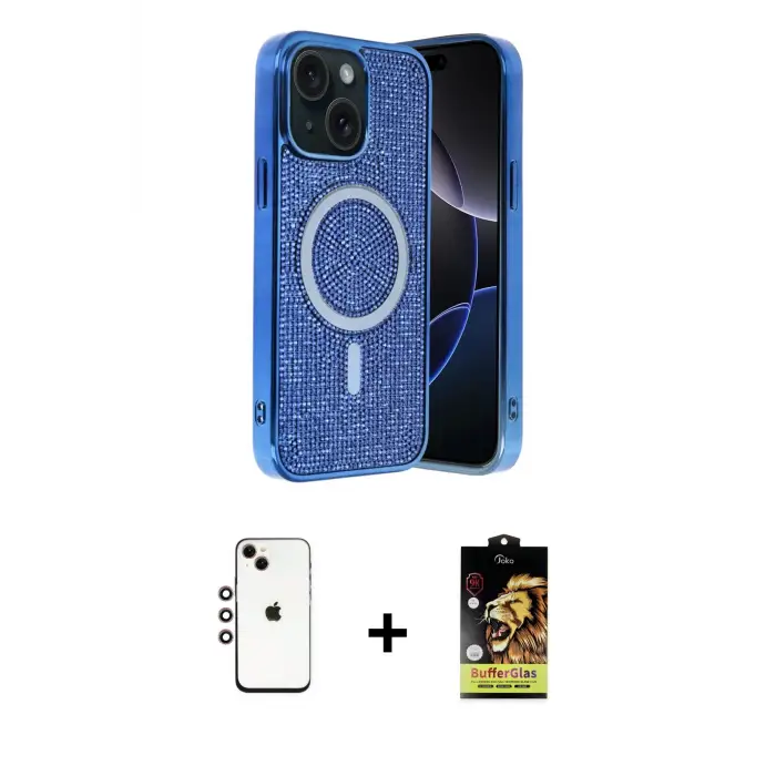 ieg™ iPhone 14 Kılıf Eksen Çizgi - Siyah Buffer Cam Ekran Koruyucu + Shine Kamera Lens - GI