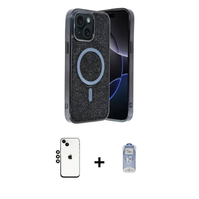 ieg™ iPhone 14 Kılıf Eksen Çizgi - Siyah Joko Magic 5D Cam + Shine Kamera Lens - SH