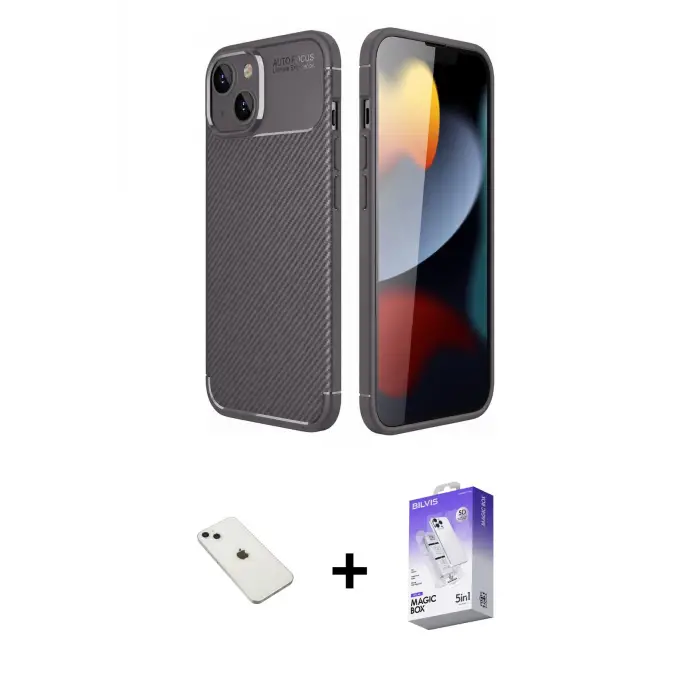 ieg™ iPhone 14 Kılıf Eksen Form Prime - Siyah Bilvis 5in1 3D Magic Cam Ekran Koruyucu + Diamond Kamera Lens - SABE