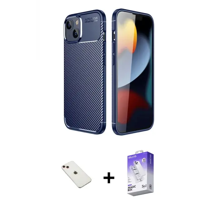 ieg™ iPhone 14 Kılıf Eksen Form Prime - Siyah Bilvis 5in1 3D Magic Cam Ekran Koruyucu + Diamond Kamera Lens - KI