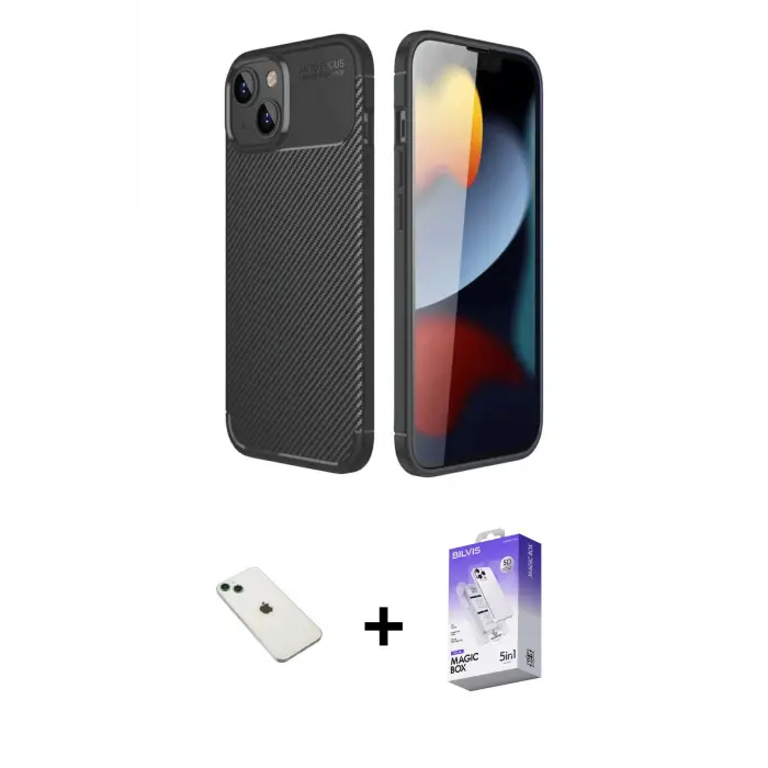 ieg™ iPhone 14 Kılıf Eksen Form Prime - Siyah Bilvis 5in1 3D Magic Cam Ekran Koruyucu + Diamond Kamera Lens - YL