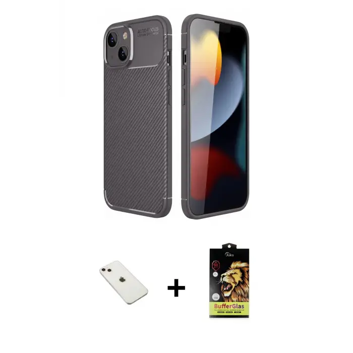 ieg™ iPhone 14 Kılıf Eksen Form Prime - Siyah Buffer Cam Ekran Koruyucu + Diamond Kamera Lens - PE