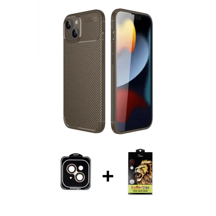 ieg™ iPhone 14 Kılıf Eksen Form Prime - Siyah Buffer Cam Ekran Koruyucu + PVD Metal Kamera Lens - TU