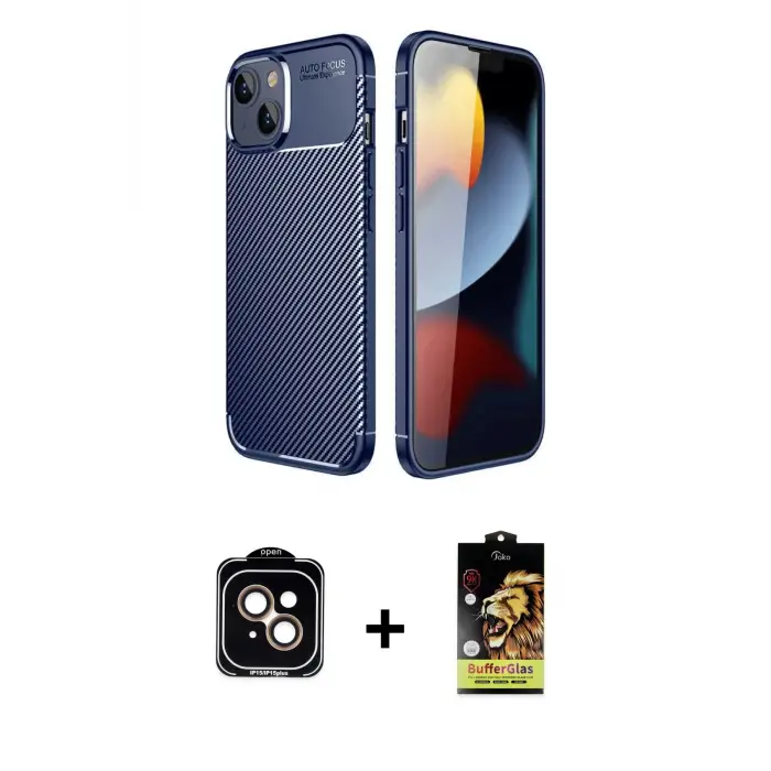 ieg™ iPhone 14 Kılıf Eksen Form Prime - Siyah Buffer Cam Ekran Koruyucu + PVD Metal Kamera Lens - TU