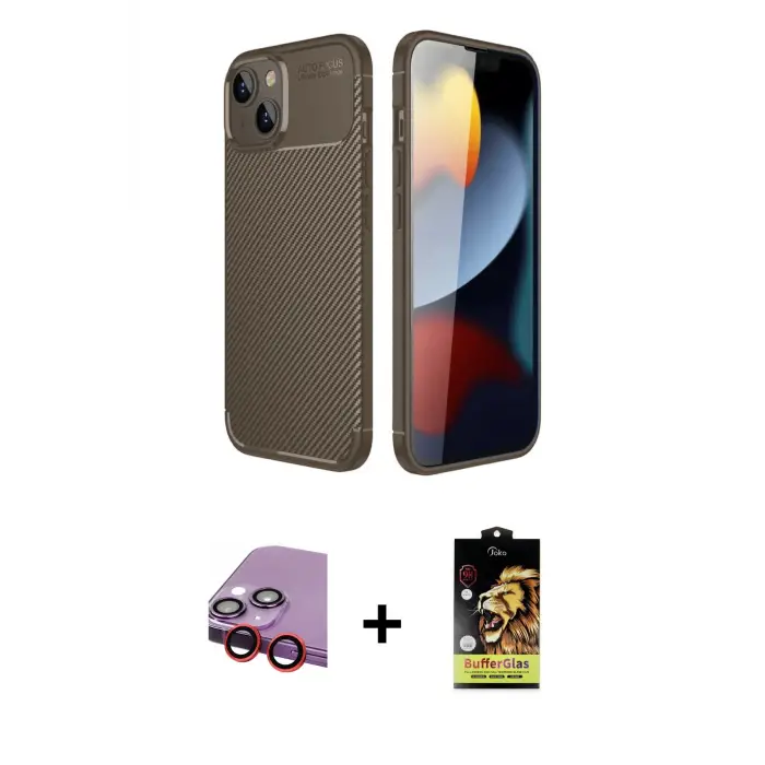 ieg™ iPhone 14 Kılıf Eksen Form Prime - Siyah Buffer Cam Ekran Koruyucu + Raze Metal Kamera Lens - KI