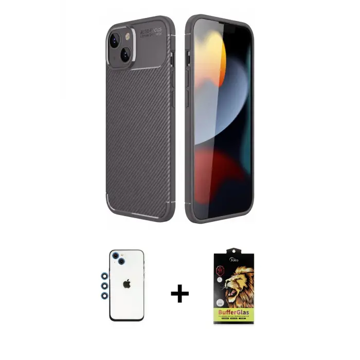ieg™ iPhone 14 Kılıf Eksen Form Prime - Siyah Buffer Cam Ekran Koruyucu + Shine Kamera Lens - MI